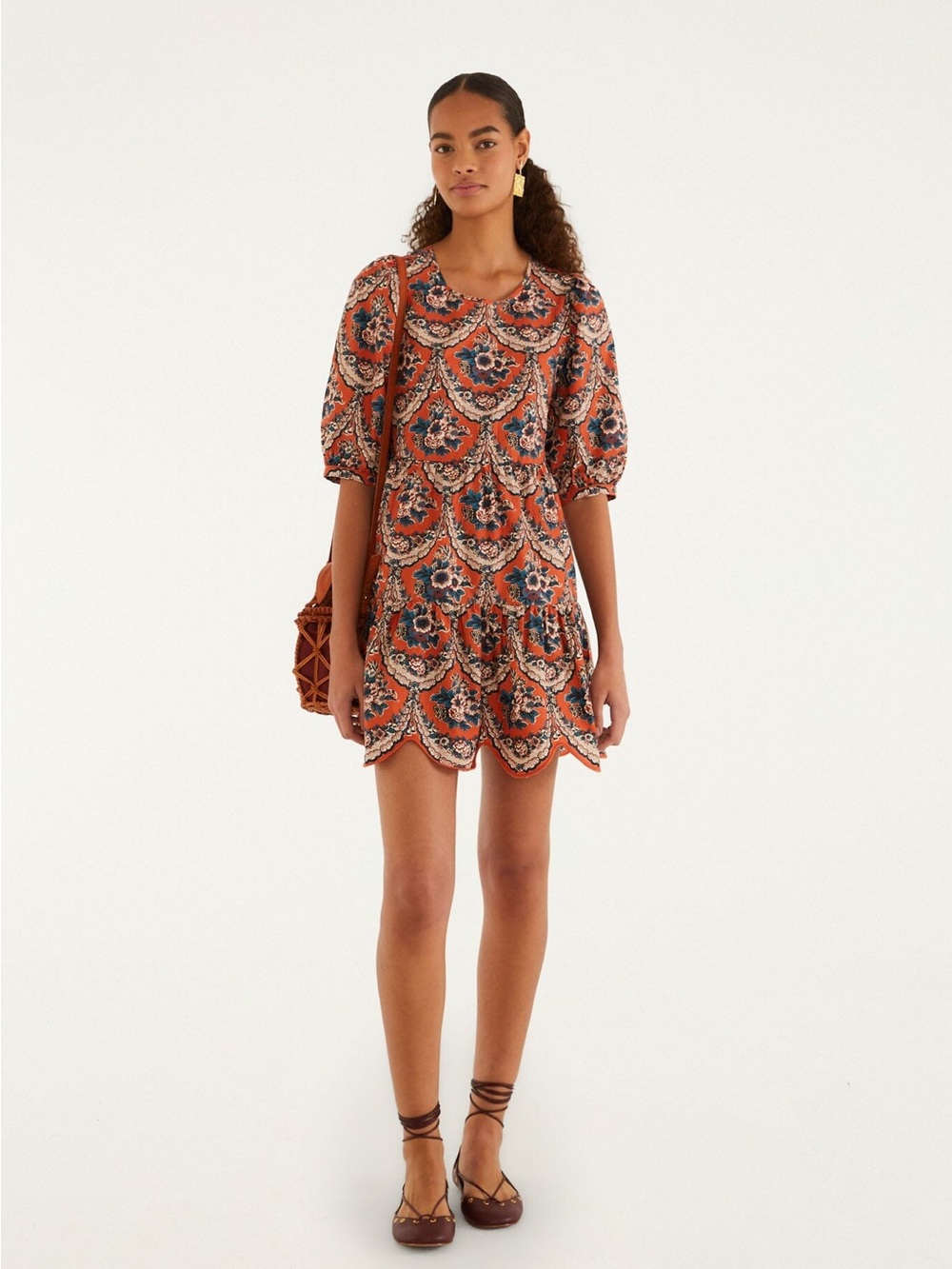 FARM RIO Terracotta Victorian Floral Puff Sleeve Mini Dress